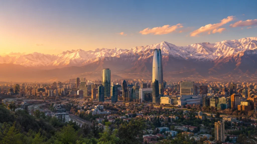 Vista panorâmica de Santiago, no Chile, com a Cordilheira dos Andes nevada ao fundo durante a golden hour.