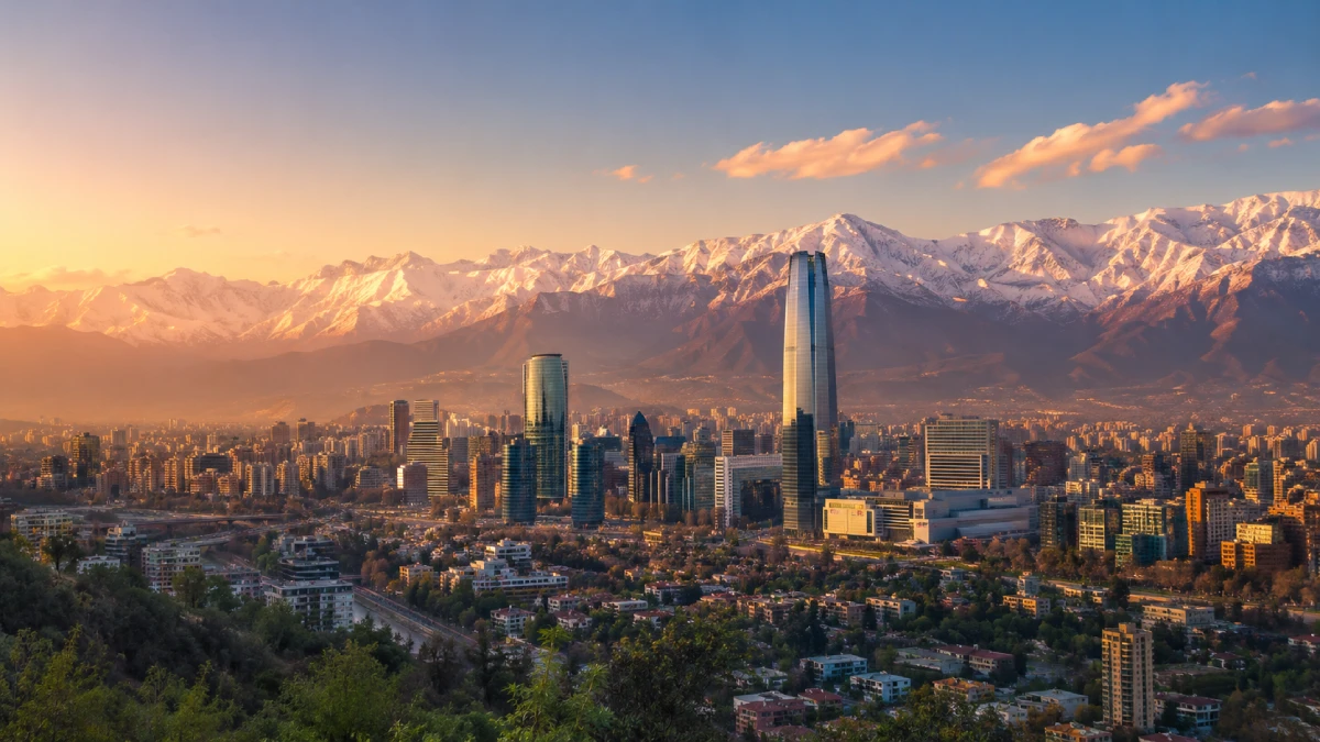 Vista panorâmica de Santiago, no Chile, com a Cordilheira dos Andes nevada ao fundo durante a golden hour.