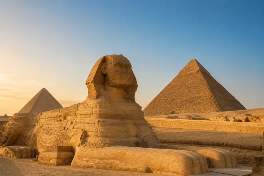 Pirâmides de Gizé e Esfinge no Egito ao pôr do sol