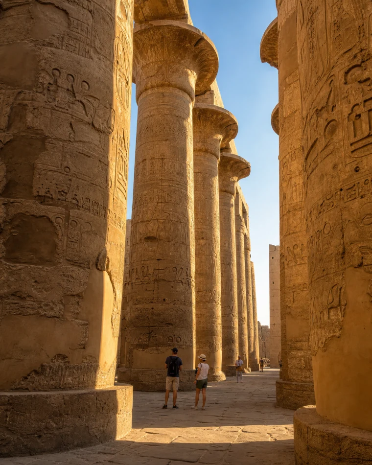templo-de-karnak-luxor-egito Turistas observam as colunas monumentais do Templo de Karnak em Luxor, no Egito